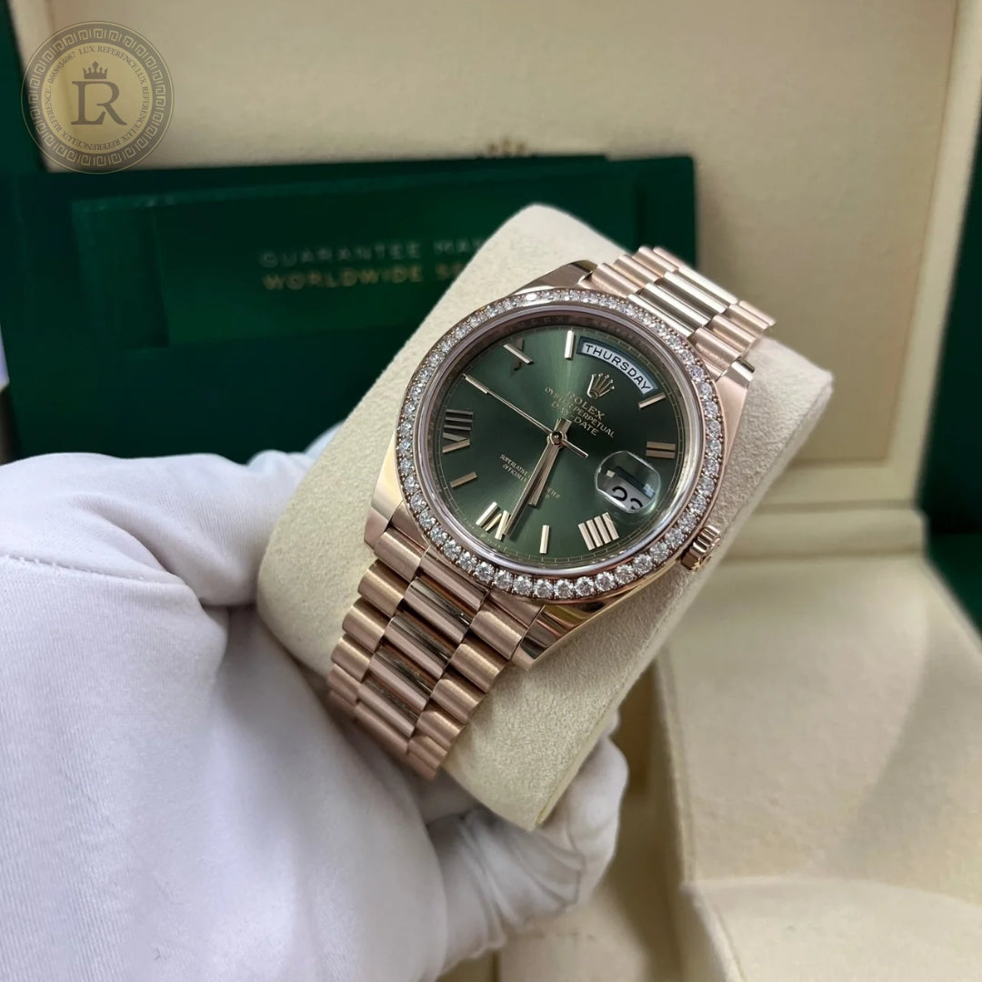 Meridian Presidential 36mm — Everose Gold, Diamonds, Olive Green