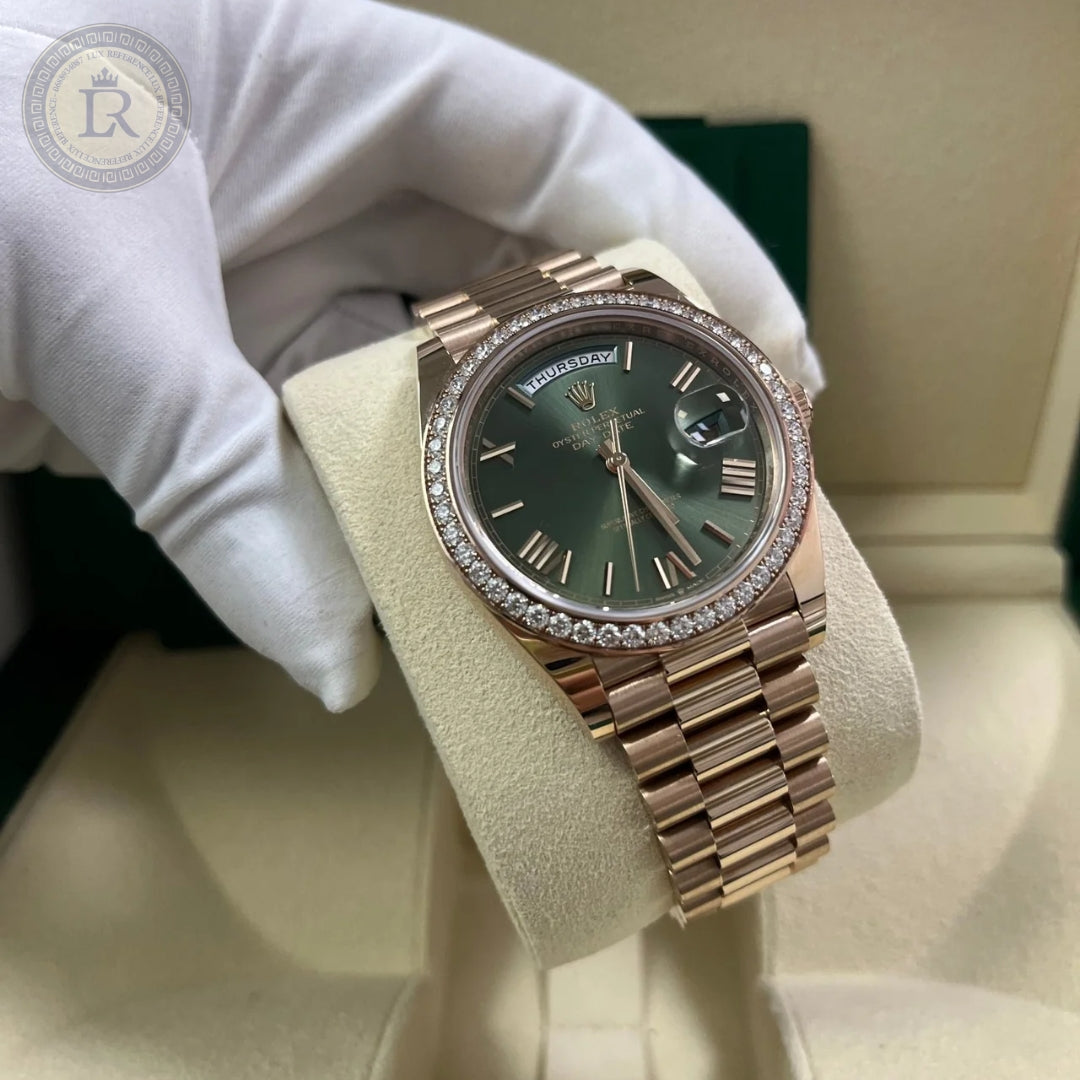 Meridian Presidential 36mm — Everose Gold, Diamonds, Olive Green