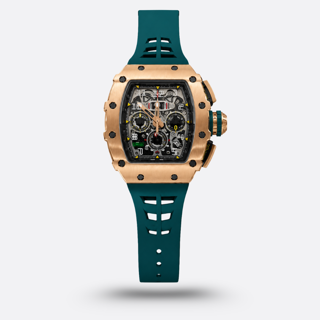 Meridian Skeleton Tonneau Sport — Rose Gold, Green Strap