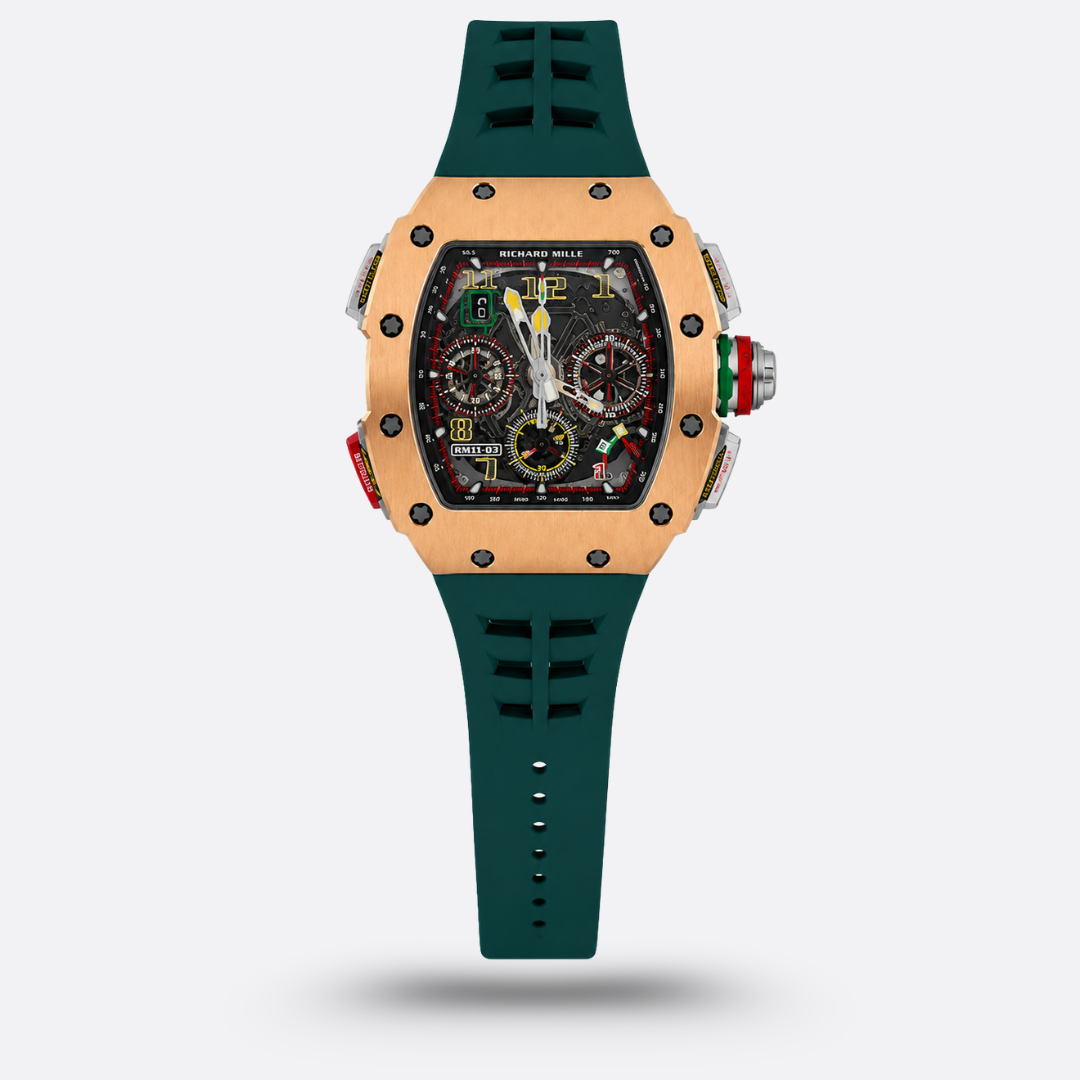 Meridian Skeleton Tonneau Sport — Rose Gold, Dark Green Strap