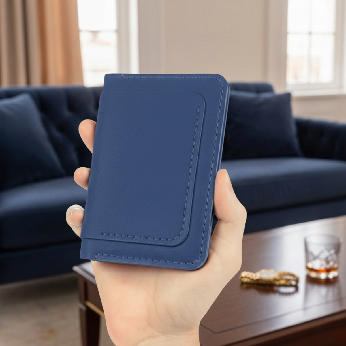 Porte-cartes The Fold Co en cuir pleine fleur bleu océan avec coutures sellier contrastées tenu en main