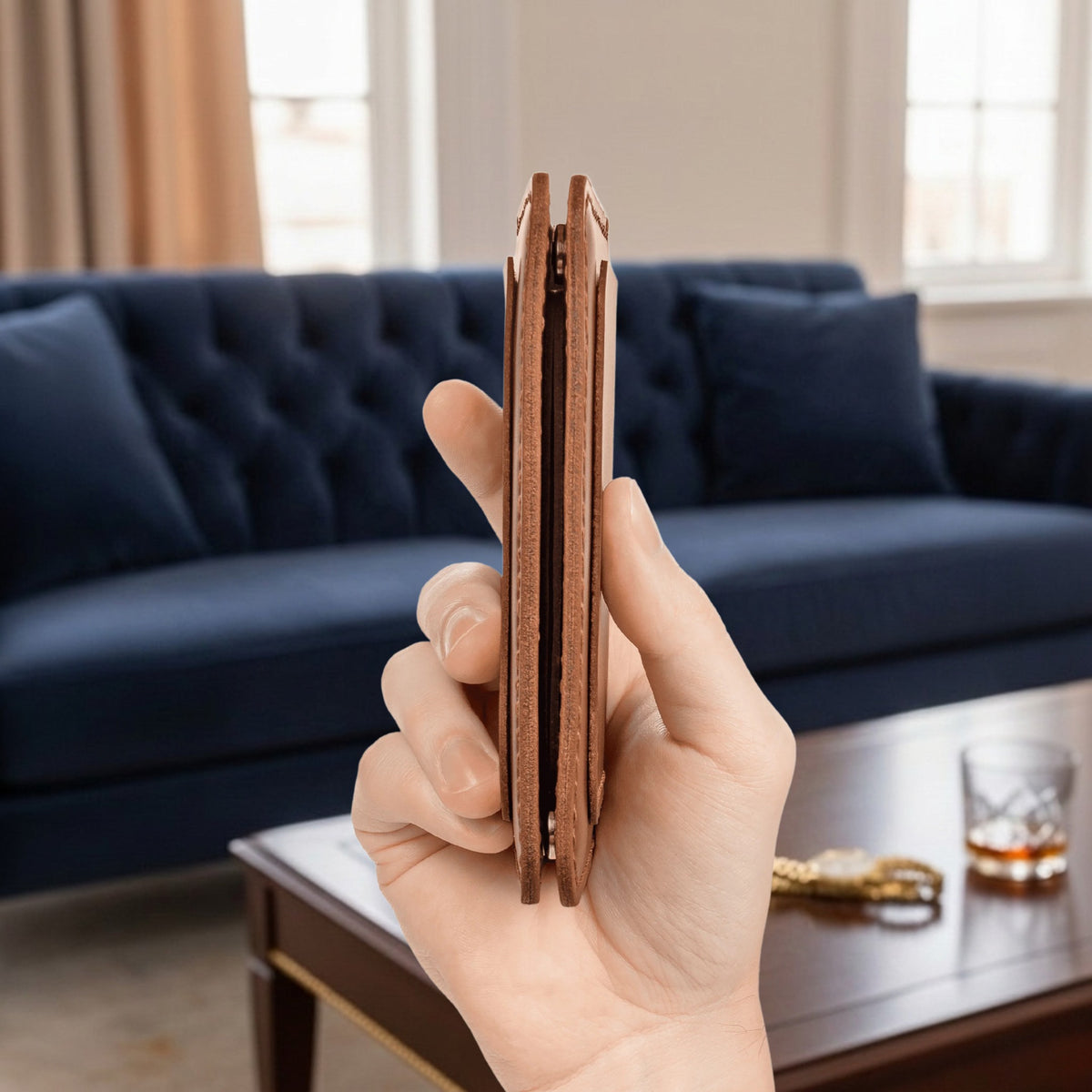 Porte-cartes et billets The Fold Co en cuir pleine fleur cognac avec coutures sellier apparentes, profil ultra-fin