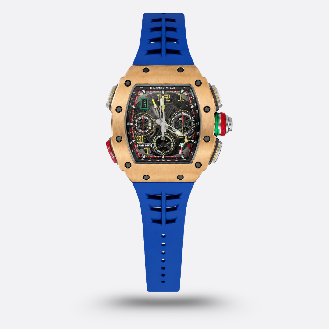 Meridian Skeleton Tonneau Sport — Rose Gold, Blue Strap