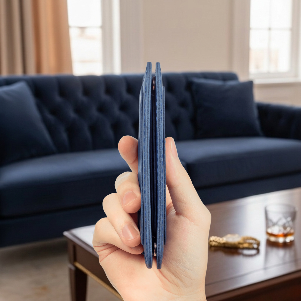 Porte-cartes et billets The Fold Co en cuir pleine fleur bleu océan, profil ultra-fin cousu main