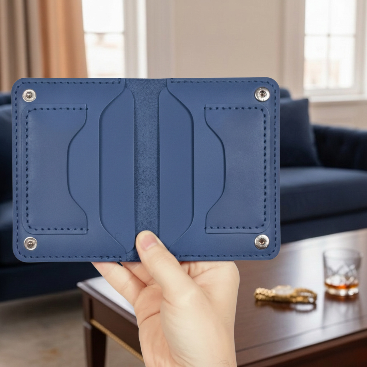 Porte-cartes The Fold Co en cuir bleu océan avec coutures contrastées et fentes pour cartes, tenu à la main