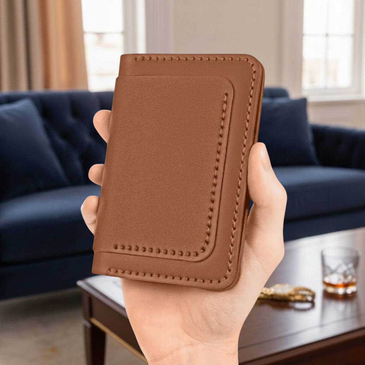 Porte-cartes The Fold Co en cuir pleine fleur cognac avec coutures sellier contrastées tenu en main