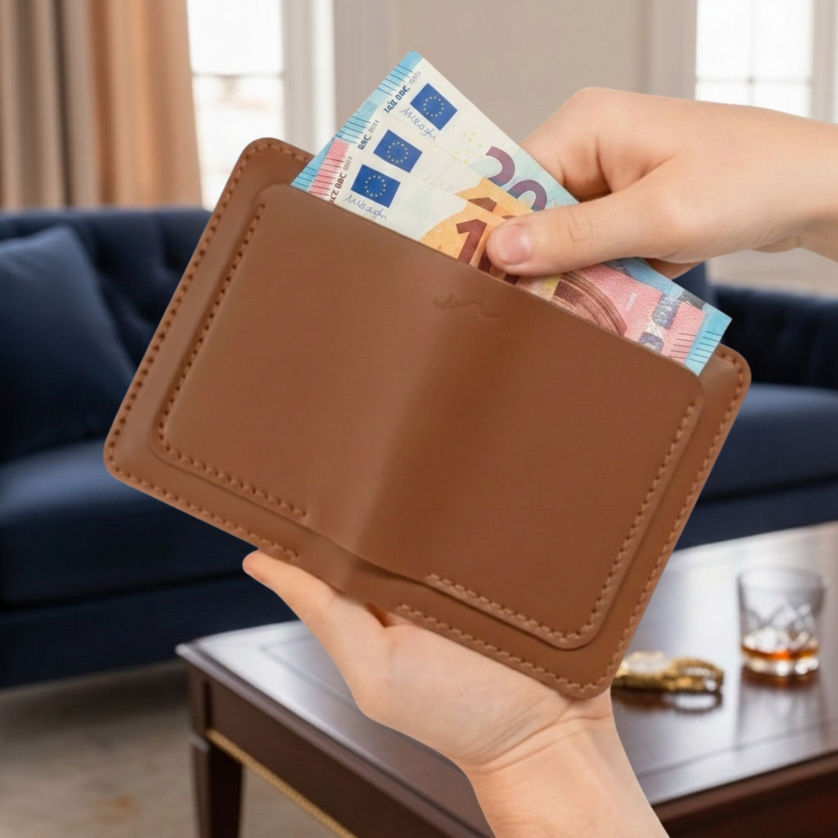 Porte-cartes et billets The Fold Co en cuir pleine fleur cognac avec coutures sellier contrastées