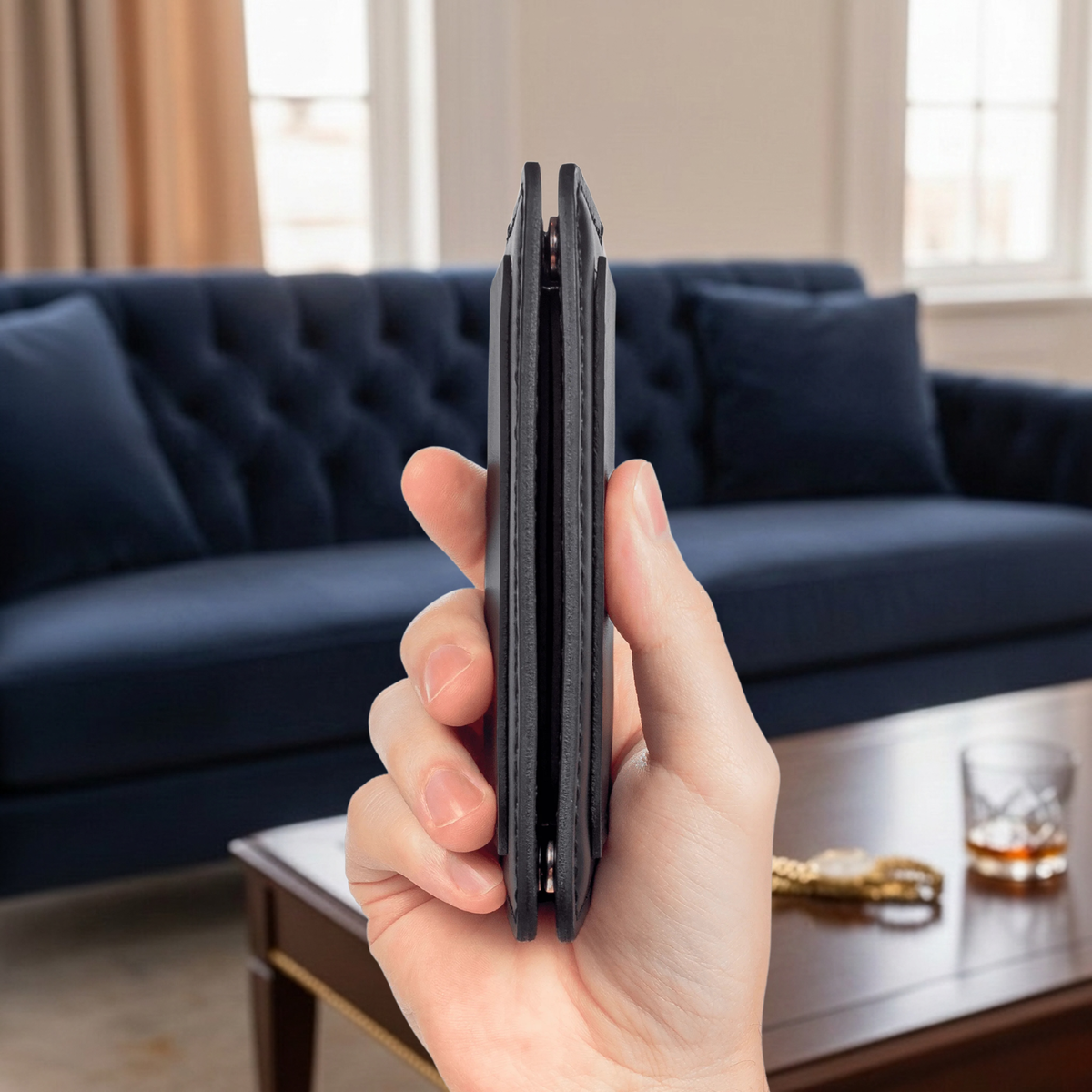 Porte-cartes The Fold Co en cuir pleine fleur noir avec coutures contrastées, profil ultra-fin tenu en main