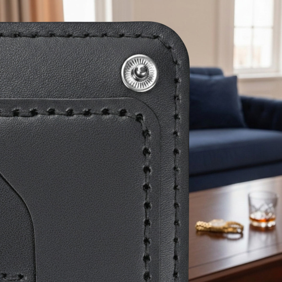Gros plan sur le porte-cartes The Fold Co en cuir pleine fleur noir avec coutures sellier contrastées et bouton-pression