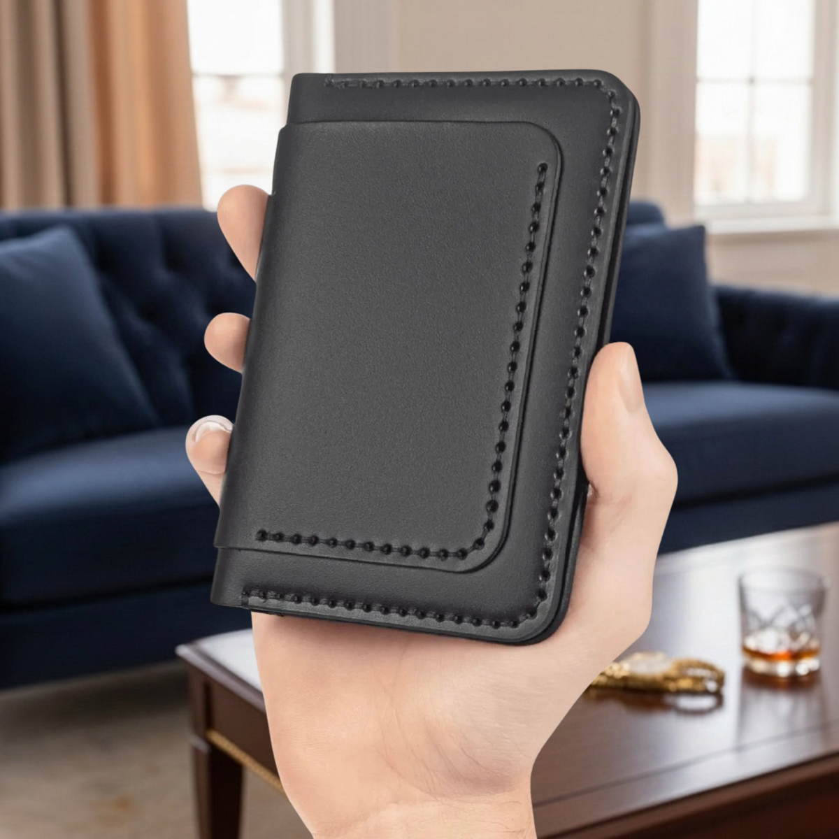 Porte-cartes The Fold Co en cuir pleine fleur noir avec coutures sellier apparentes tenu en main