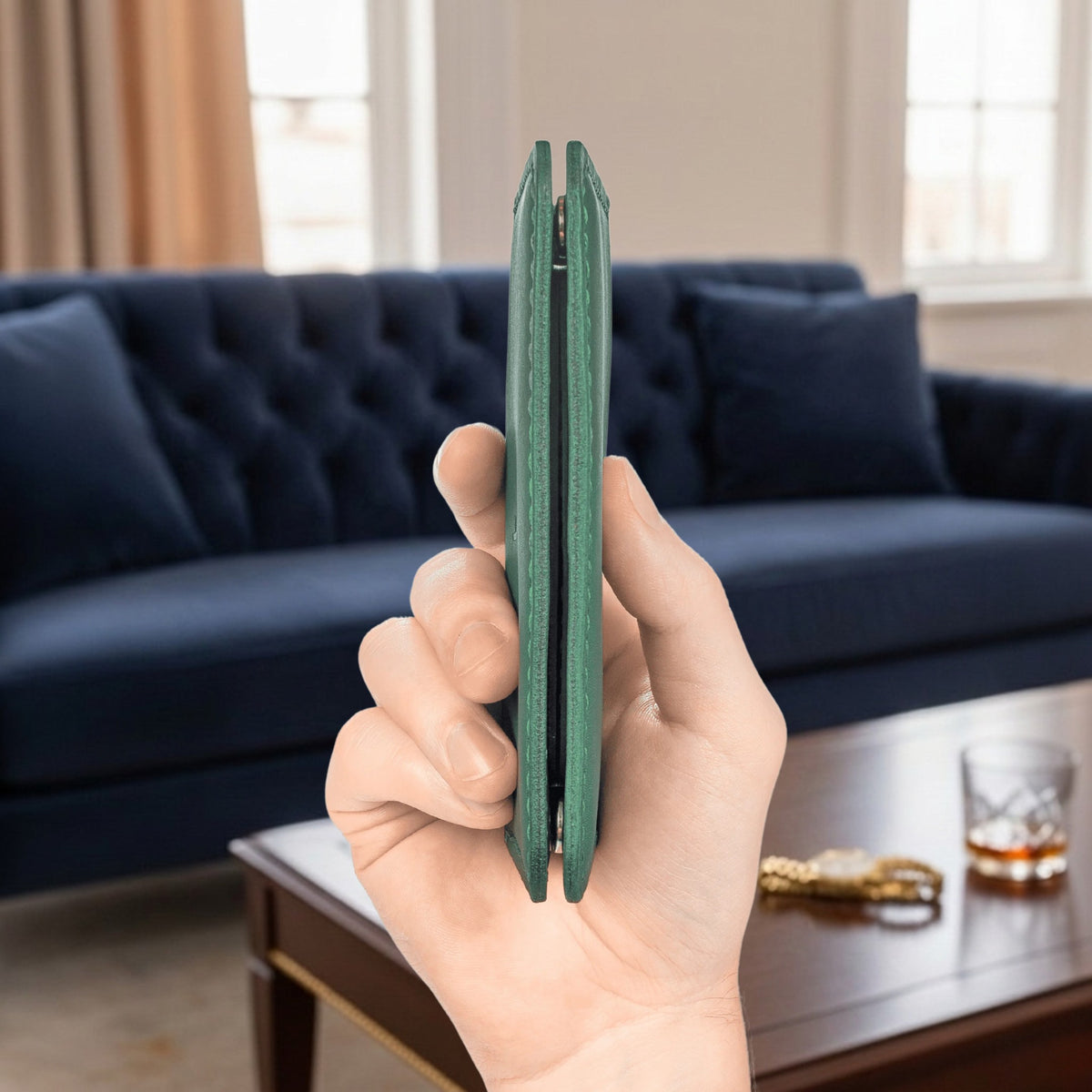 Porte-cartes The Fold Co Heritage en cuir pleine fleur vert émeraude, profil ultra-fin tenu à la main