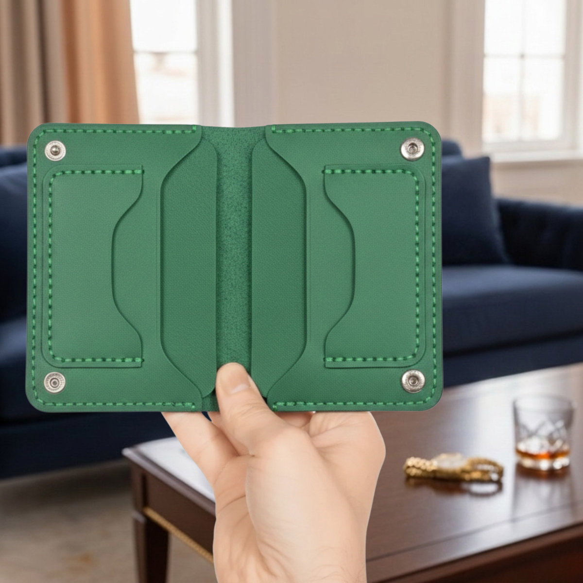 Porte-cartes The Fold Co en cuir pleine fleur vert émeraude avec coutures sellier apparentes et fentes pour cartes