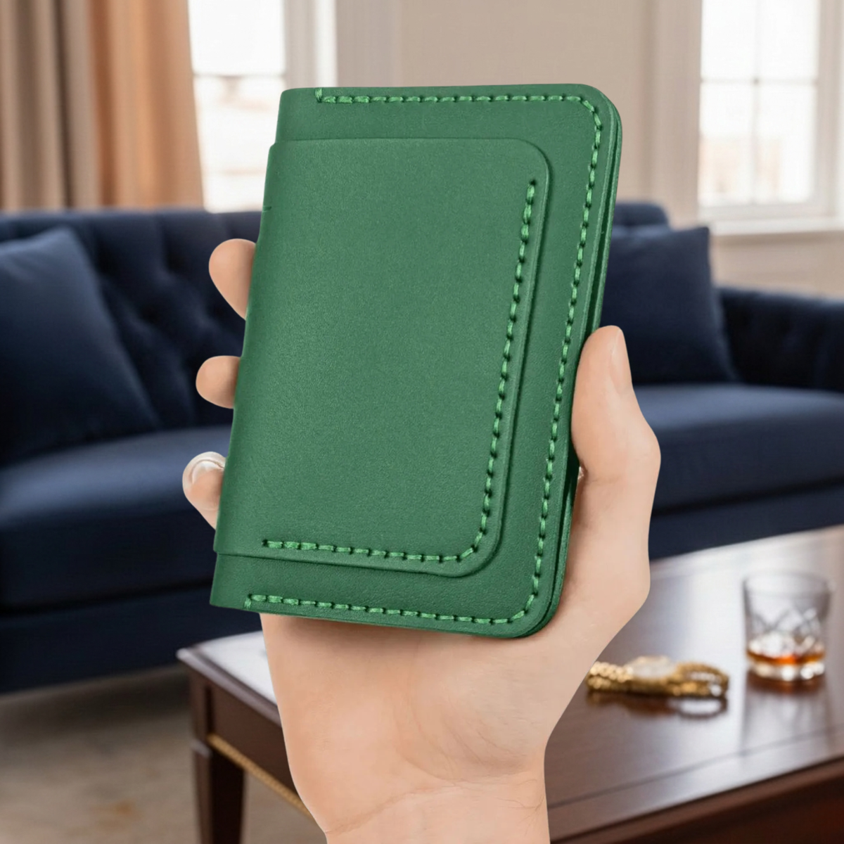 Porte-cartes The Fold Co Heritage en cuir pleine fleur vert émeraude avec coutures sellier contrastées